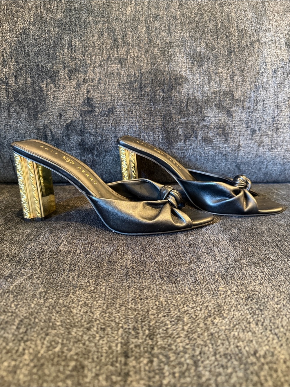 Katy Perry “Framing” Black Knot Detail Slide Sandals w/ Grecian Gold Block Heel
